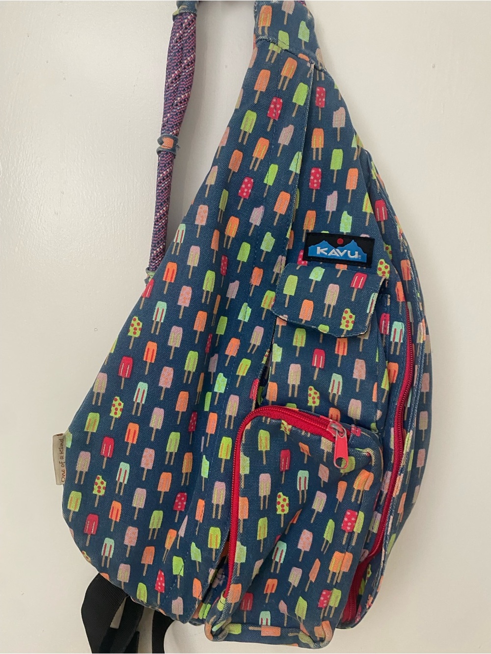 KAVU Backpack Crossbody Sling Rope Bag Blue Multicolored Ice Cream Summer.